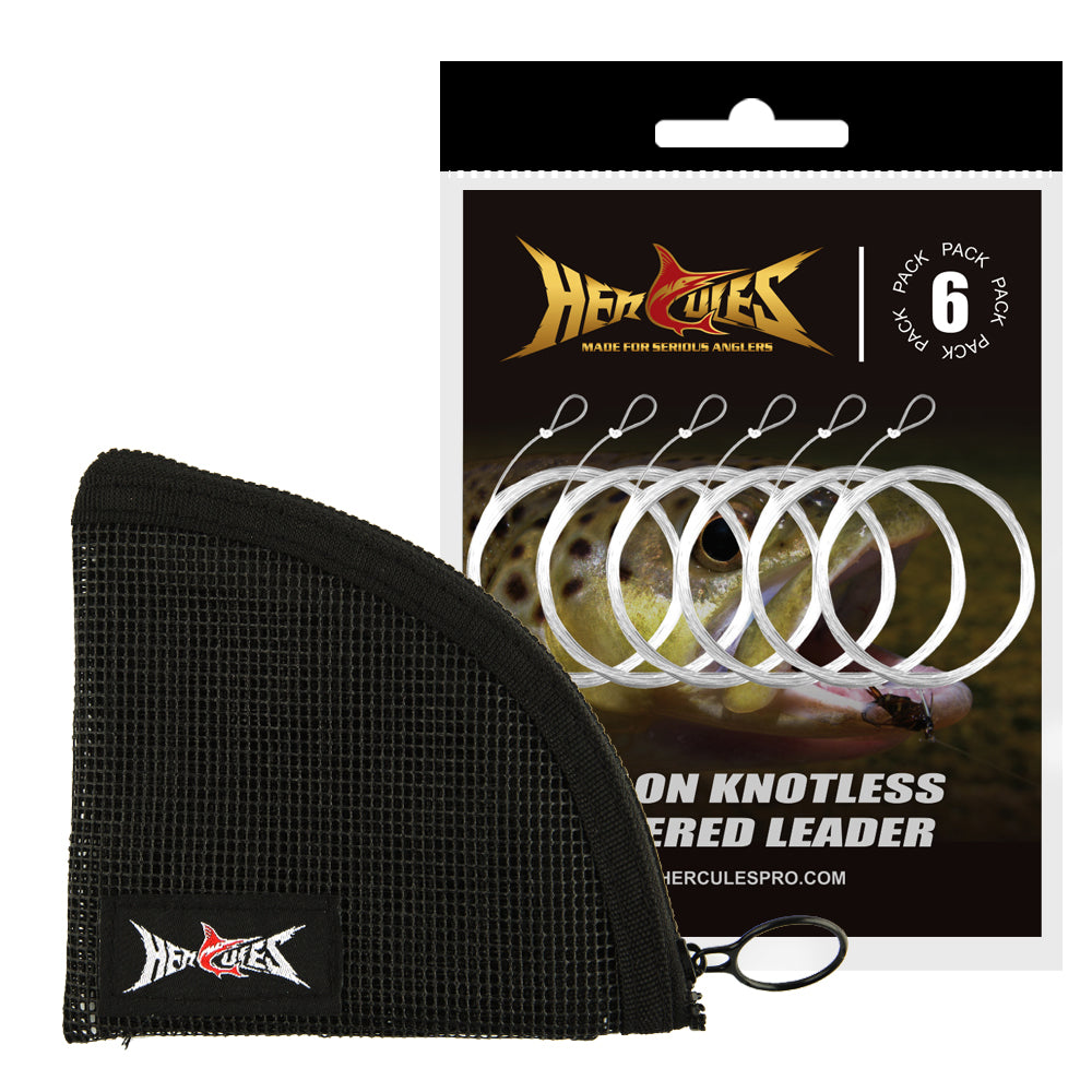 HERCULES Vorgebundenes Fliegenfischvorfach mit Schlaufe und Vorfachtasche, 6er-Pack