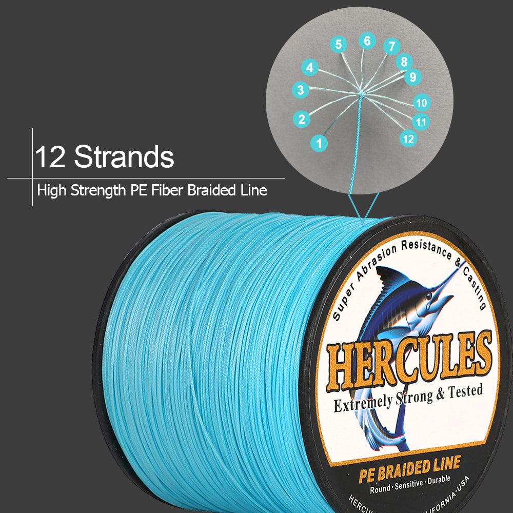 1000M 1094Yds Blue 10lb-420lb HERCULES PE Braided Fishing Line 12 Strands