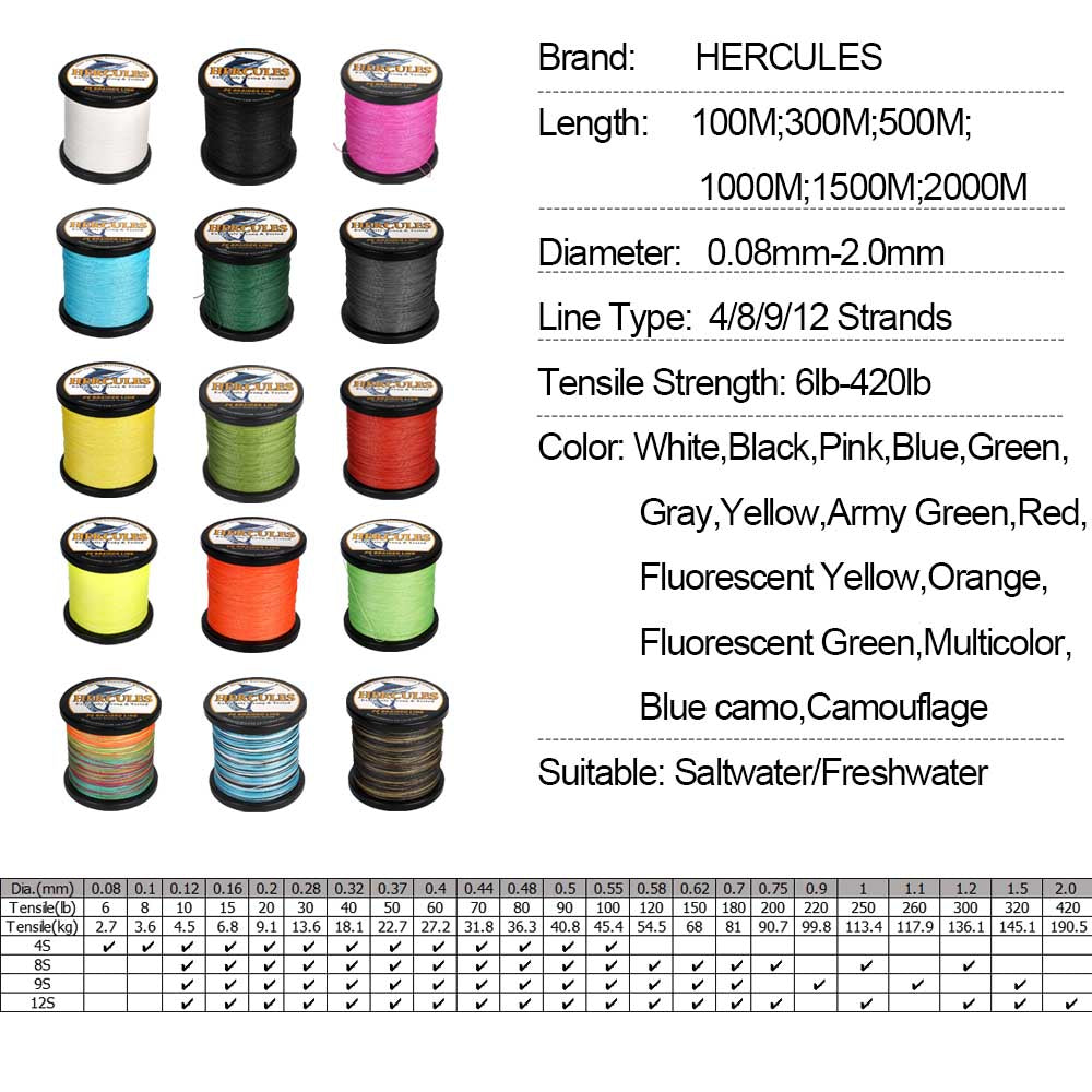 500M 547Yds Multicolor 10lb-300lb HERCULES PE Braided Fishing Line 8 Strands