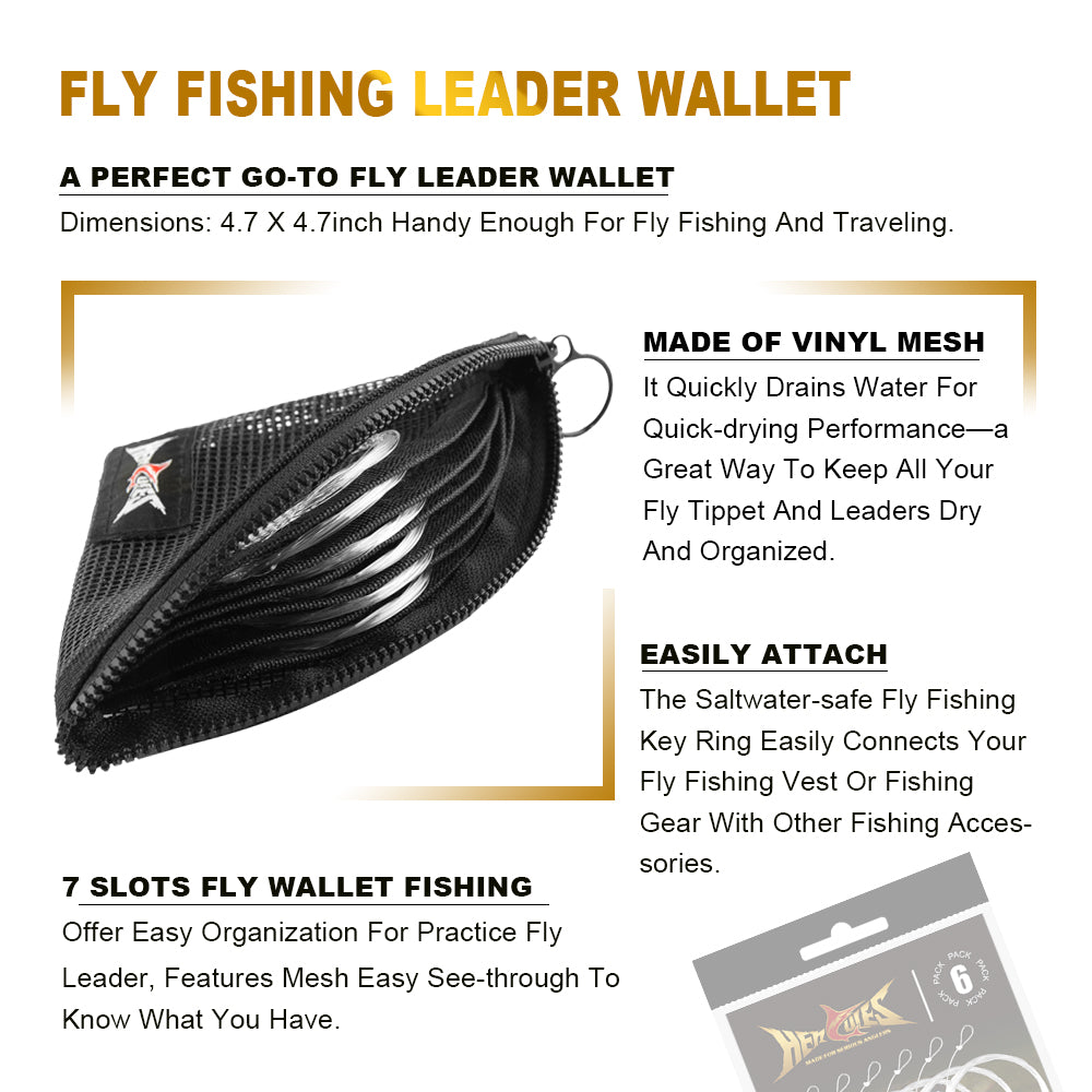 HERCULES Vorgebundenes Fliegenfischvorfach mit Schlaufe und Vorfachtasche, 6er-Pack