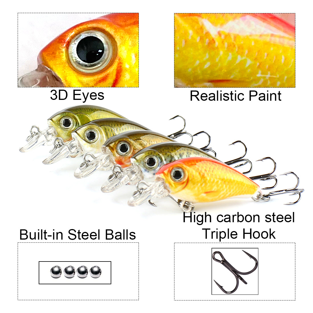 HERCULES Mini Crank Baits 4,5 cm 3,5 g 5 pezzi con scatola in PP