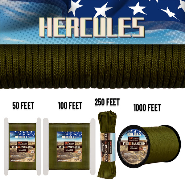 HERCULES 550 Paracord Survival Rope Army Green Type III Parachute Cord –  HERCULES Fishing