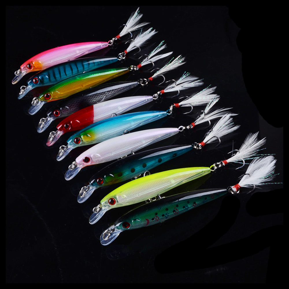 HERCULES Shallow Diving Minnow Lures Fishing Lures with Feather Tail, Pack of 10