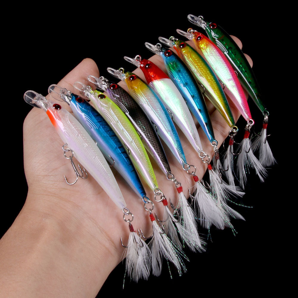HERCULES Shallow Diving Minnow Lures Fishing Lures with Feather Tail, Pack of 10