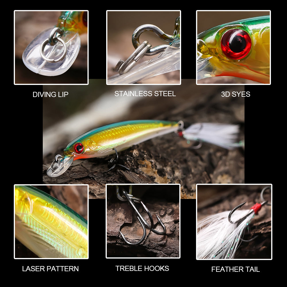 HERCULES Shallow Diving Minnow Lures Fishing Lures with Feather Tail, Pack of 10