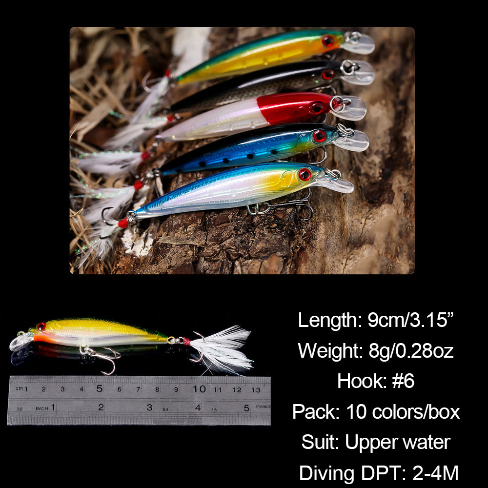 HERCULES Shallow Diving Minnow Lures Fishing Lures with Feather Tail, Pack of 10