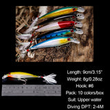 HERCULES Shallow Diving Minnow Lures Fishing Lures with Feather Tail, Pack of 10