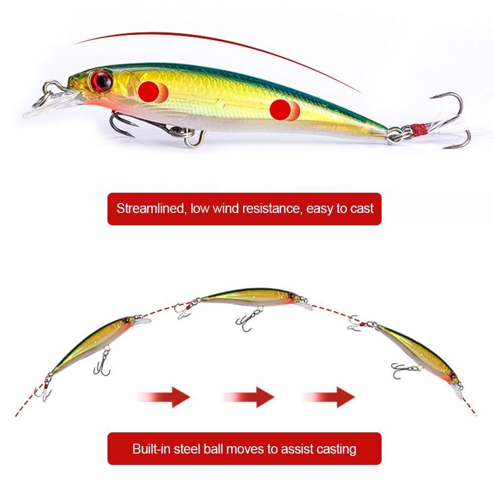 HERCULES Shallow Diving Minnow Lures Fishing Lures with Feather Tail, Pack of 10