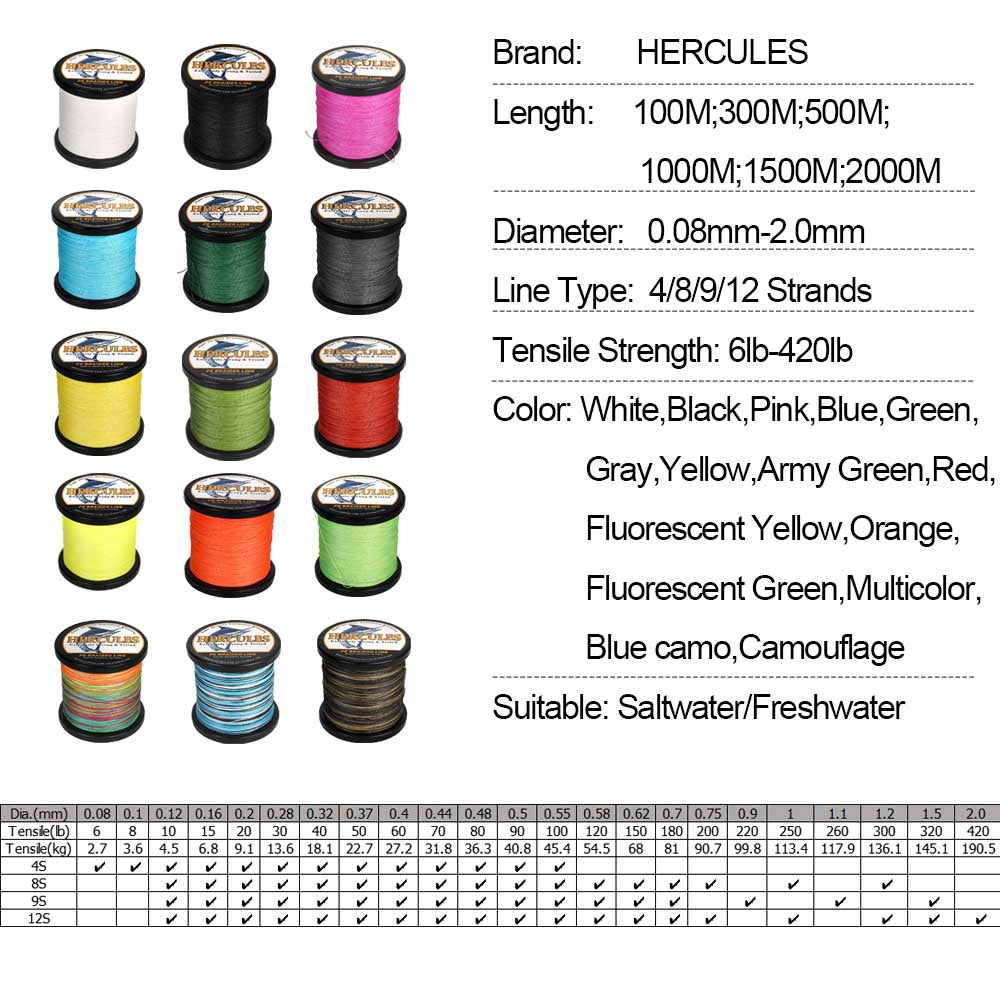 100M 109Yds Multicolor 10lb-420lb HERCULES PE hilo de pescar trenzado 12 hebras
