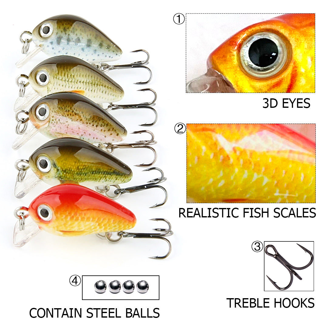 New 5 Pcs Mini Fishing Lures Crankbait Realistic Fishing Hard