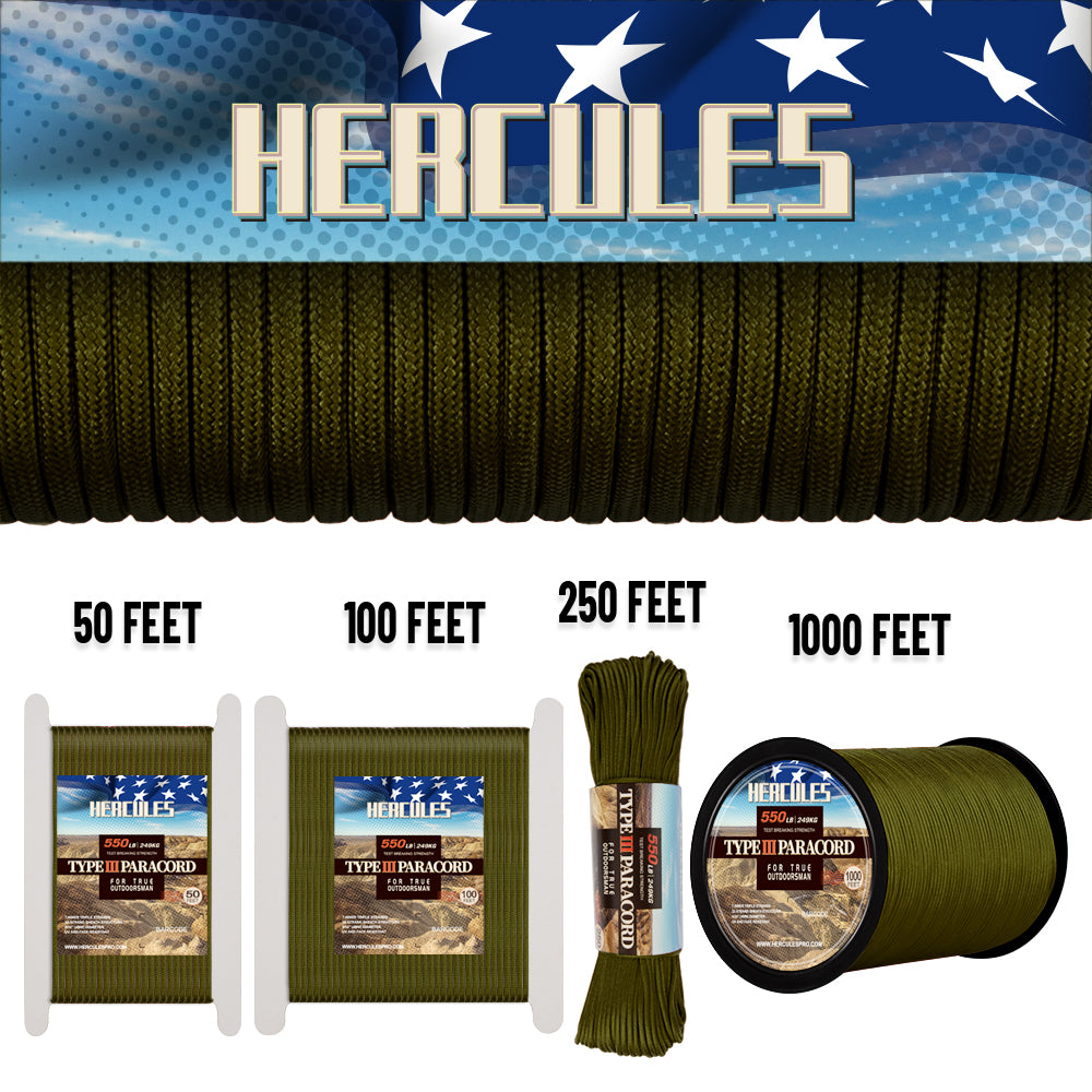 Cuerda de supervivencia Paracord HERCULES 550, cuerda de paracaídas tipo III verde militar para acampar