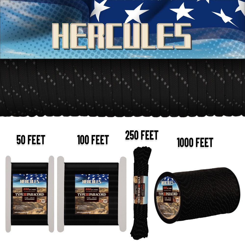 HERCULES Reflectante 550 Paracord negro para cuerda de camping cuerda de paracaídas tipo III