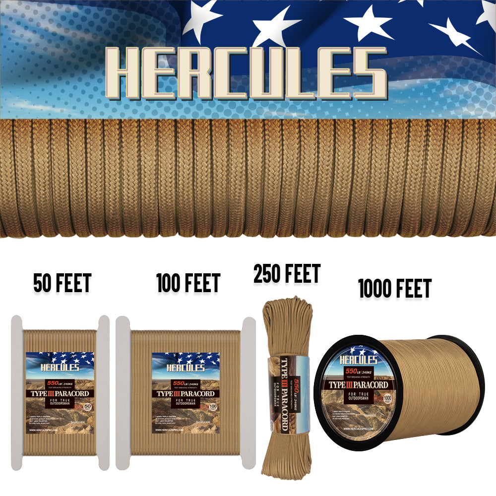 HERCULES 550 Paracord Survival Rope Desert Tan Type III Parachute Cord –  HERCULES Fishing