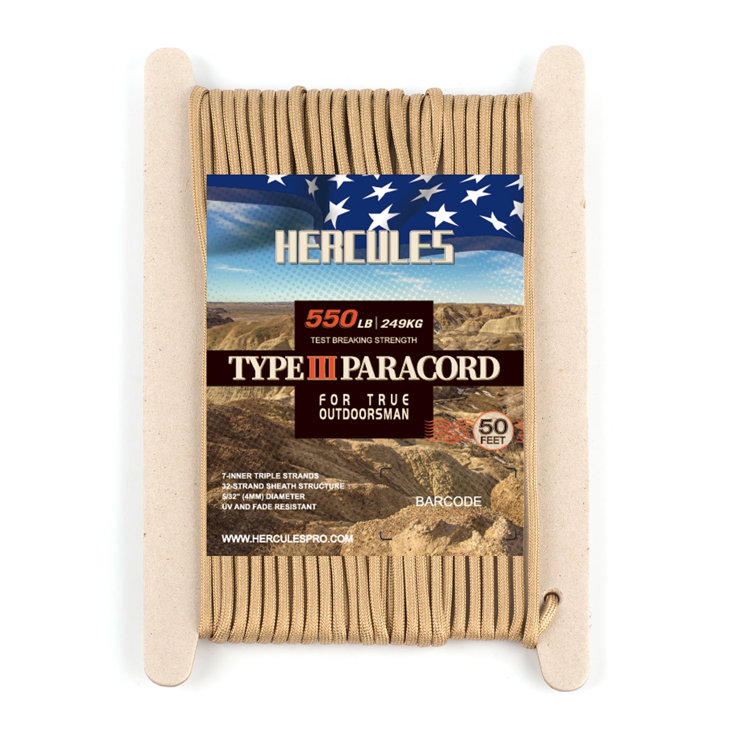 HERCULES 550 Paracord Survival Rope Desert Tan Type III Parachute Cord for  Camping - 50FT