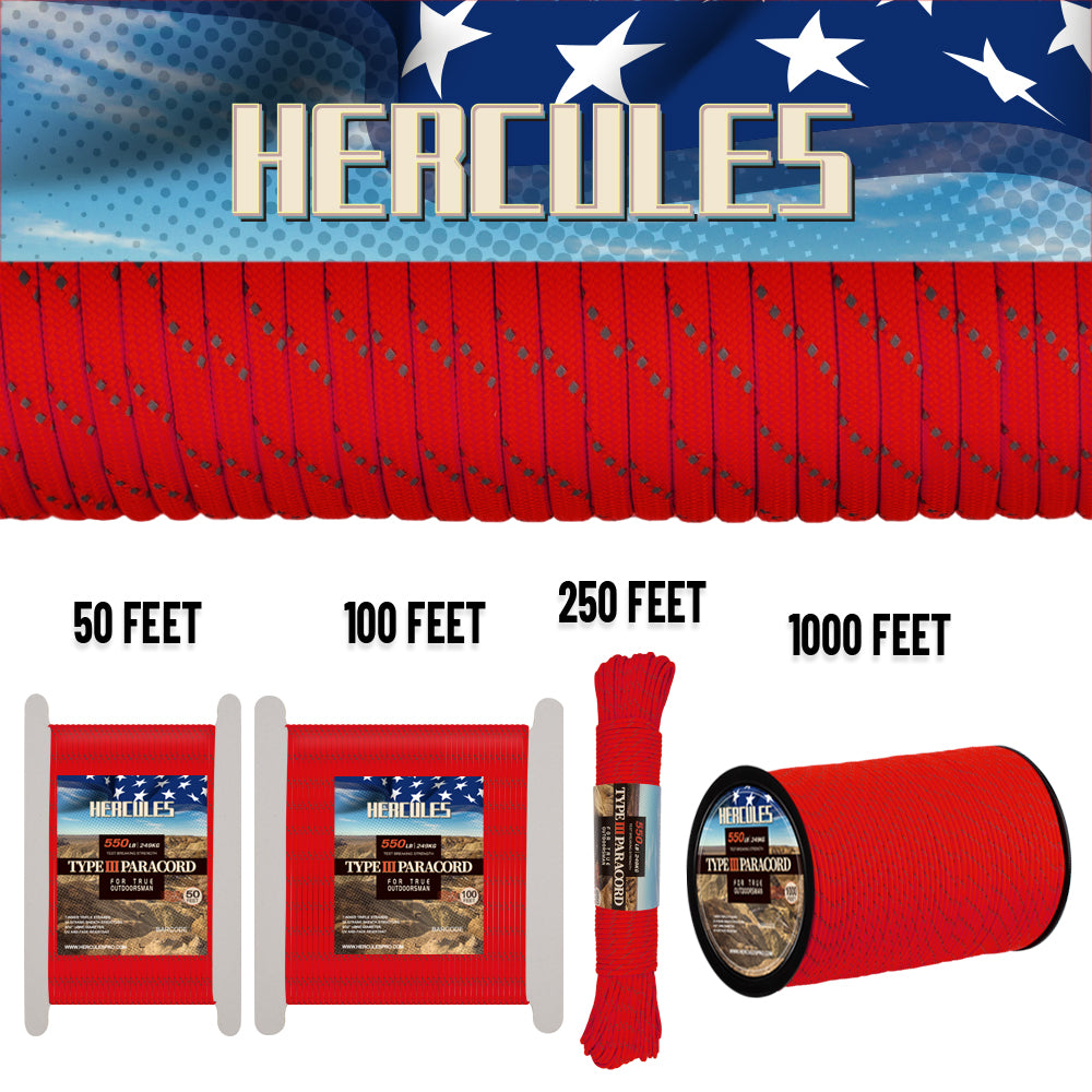 HERCULES Reflectante 550 Paracord Rojo Imperial para Cuerda de Camping Cuerda de Paracaídas Tipo III