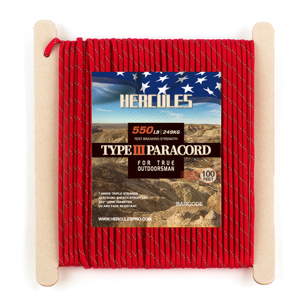 HERCULES Reflective 550 Paracord Imperial Red for Camping Rope Type II ...