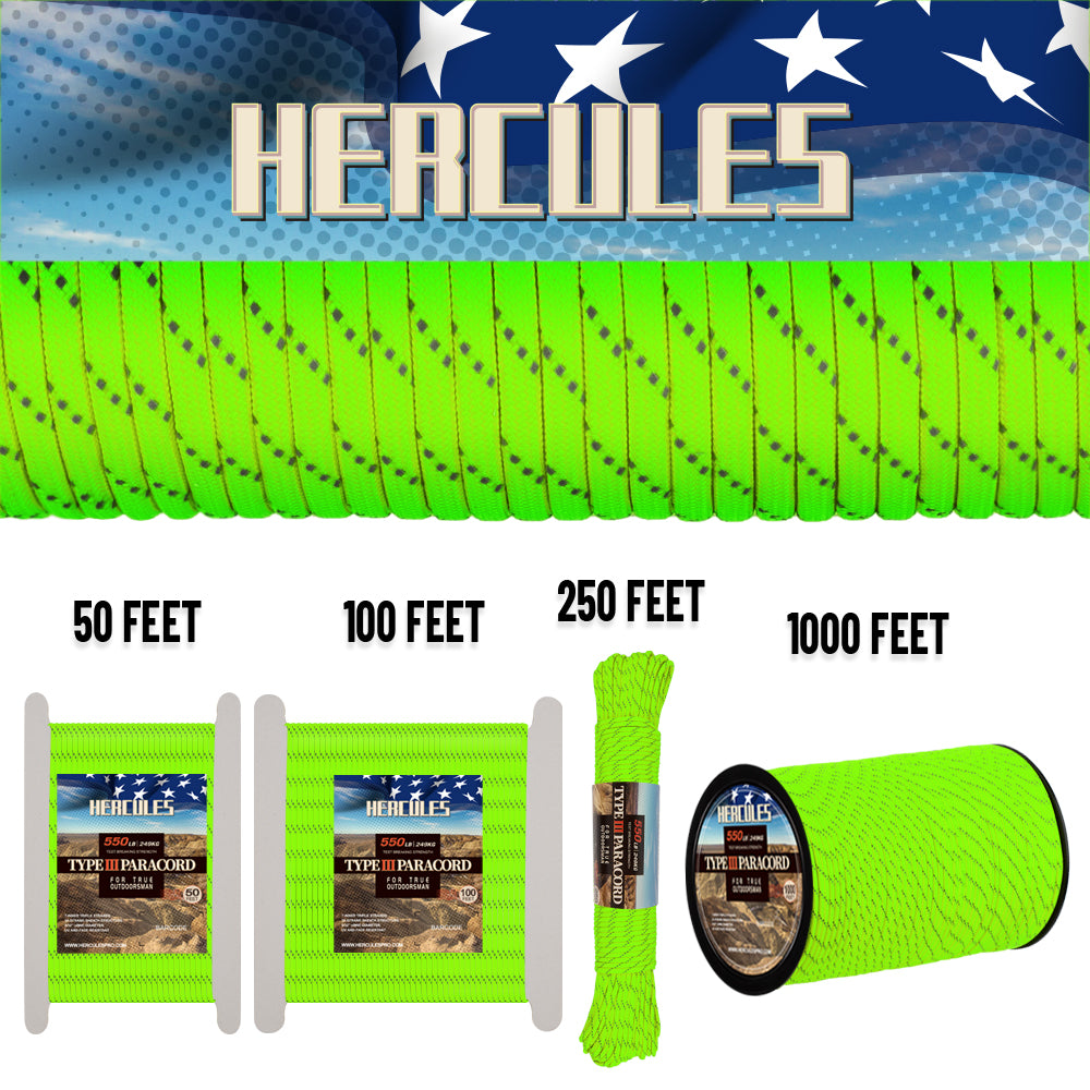 HERCULES Reflectante 550 Paracord Verde Neón para Cuerda de Camping Cuerda de Paracaídas Tipo III