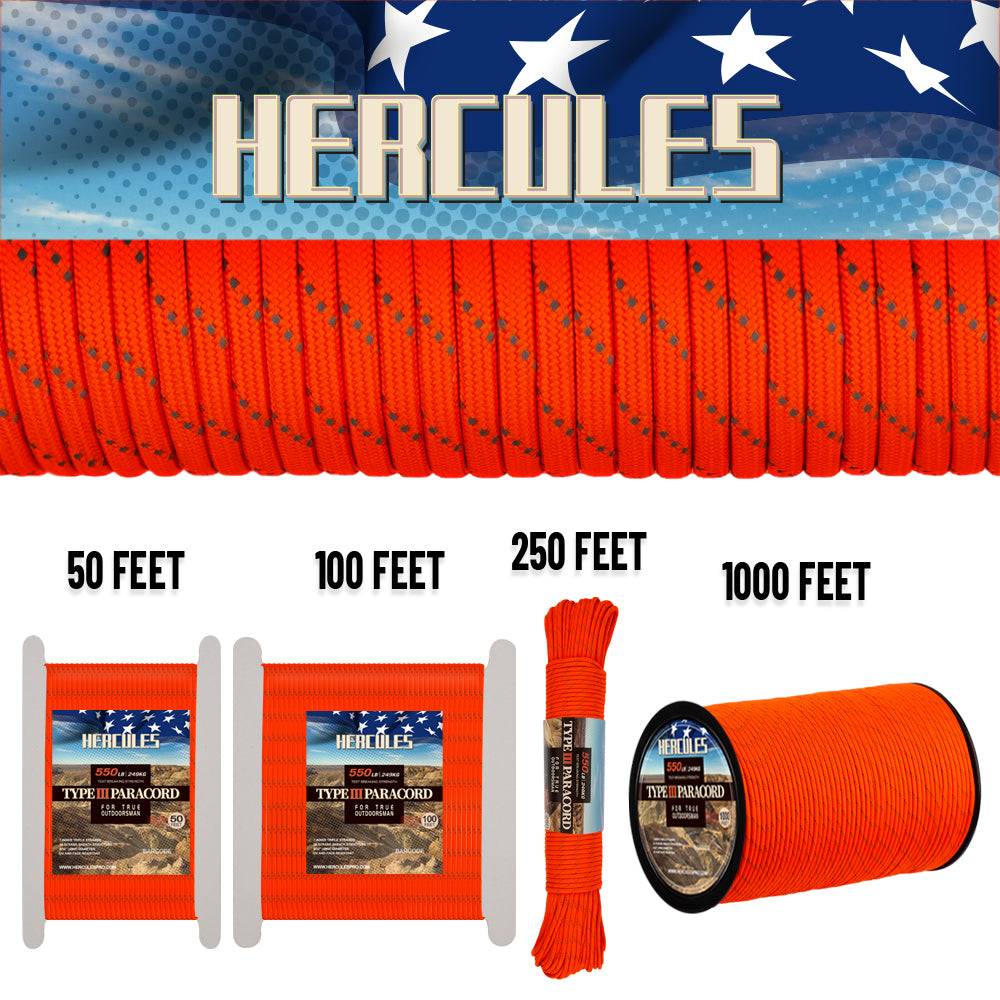 HERCULES Reflective 550 Paracord Neon Orange per corda da campeggio Tipo III Cavo per paracadute 