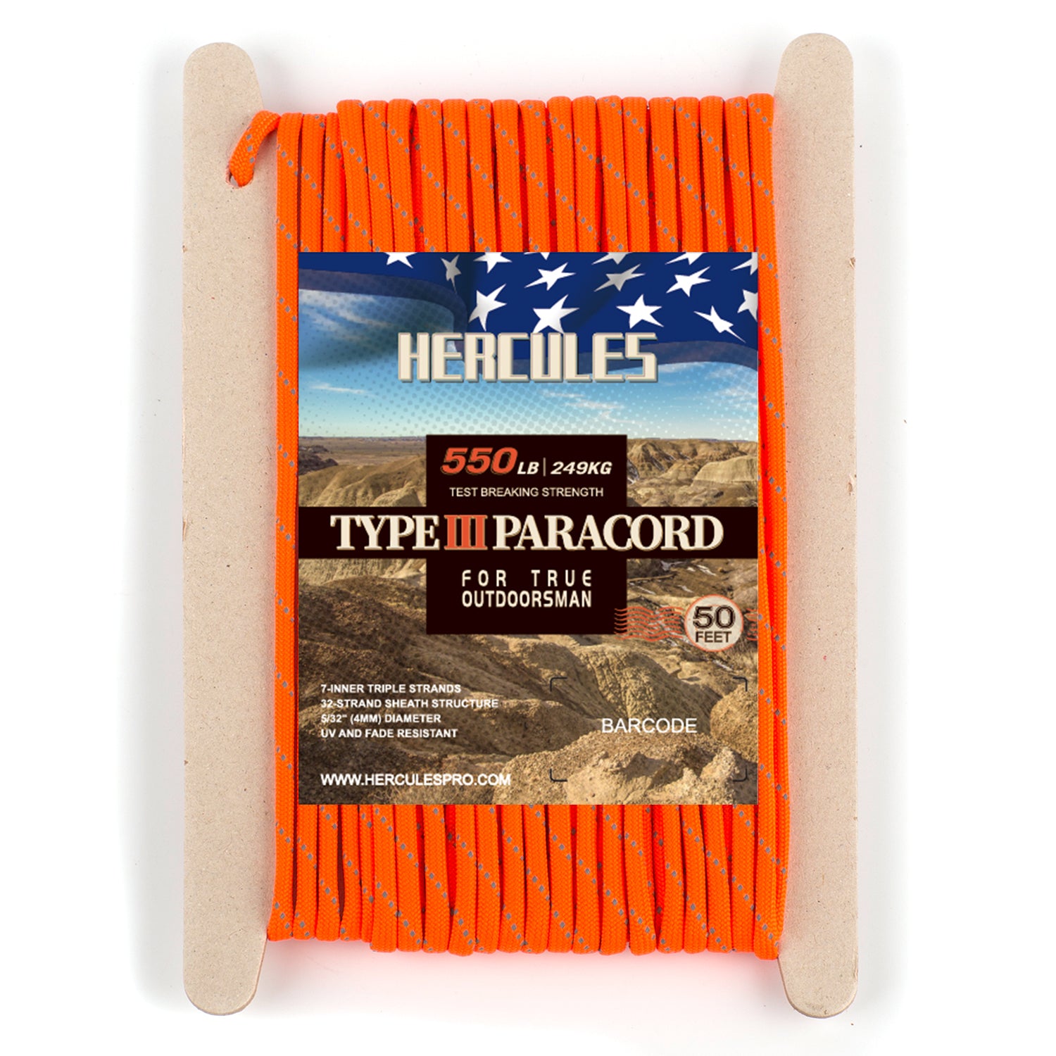 HERCULES Reflective 550 Paracord Neon Orange for Camping Rope Type III Parachute Cord