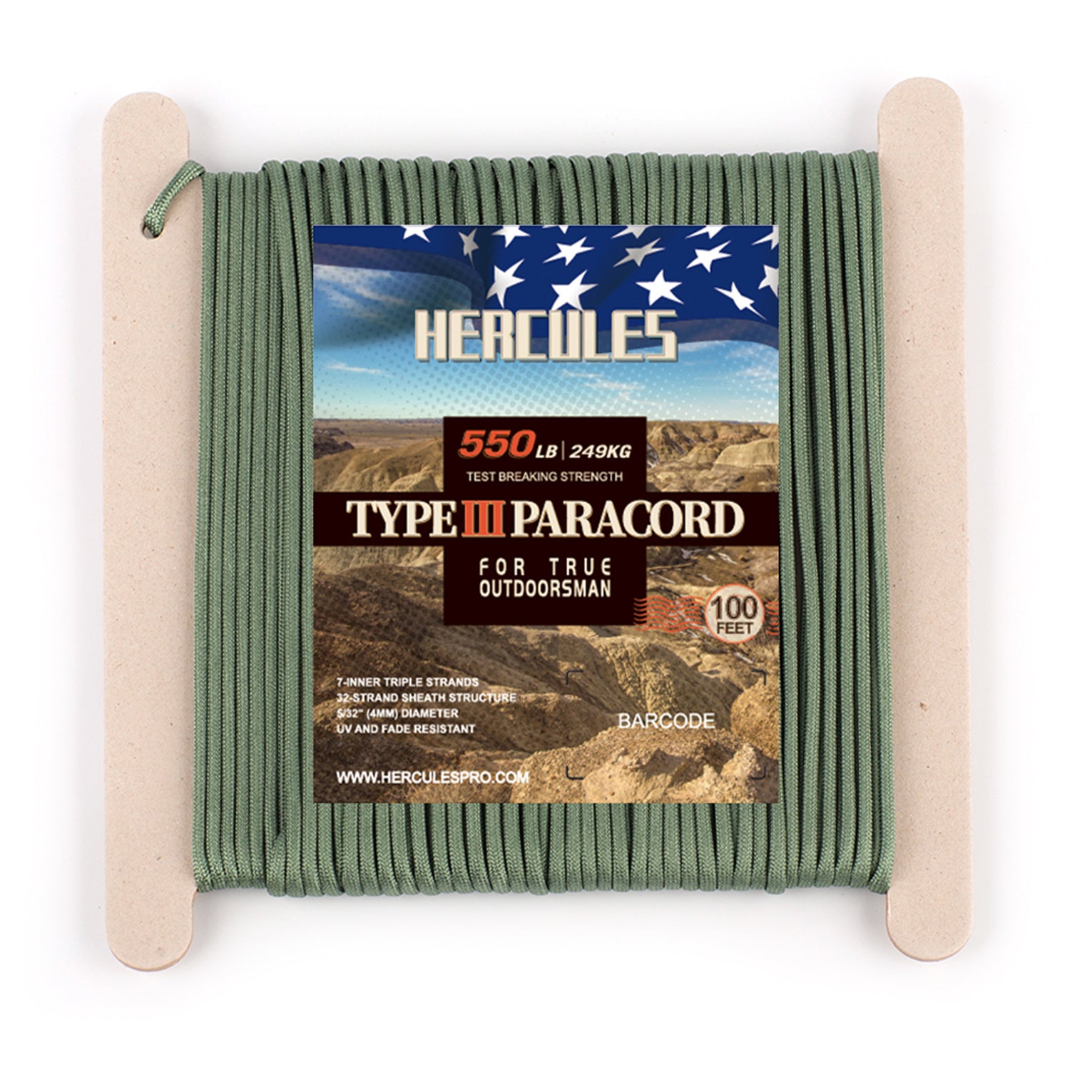 HERCULES 550 Paracord Survival Rope Olive Green Type III Parachute Cord for Camping